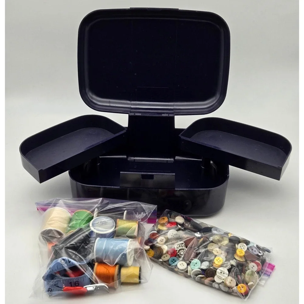 Vintage Sewing Box Organizer Navy Blue Cantilever Tray Buttons‎ Thread
